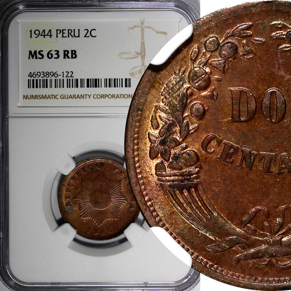 Peru Copper 1944 2 Centavos NGC MS63 RB  Thin Planchet KM# 212.2 (122)