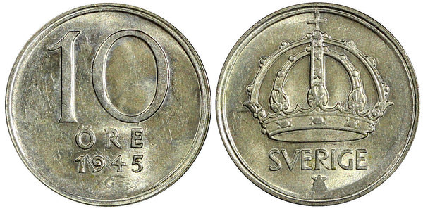 Sweden Gustaf V (1907-1950) Silver 1945 G 10 Öre UNC KM# 813 (22 065)