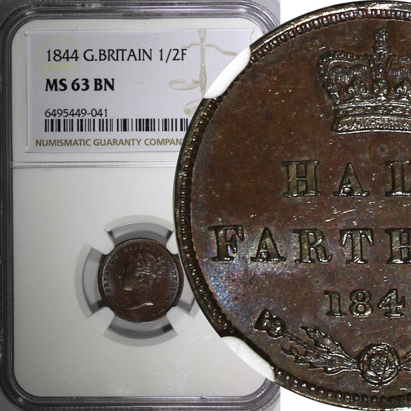 Great Britain Victoria 1844 1/2 Farthing NGC MS63 BN Brown Toning KM# 738 (41)