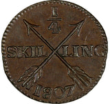 SWEDEN Copper King Gustav IV Adolf 1807 1/4 Skilling ch.XF KM# 564 (19 542)