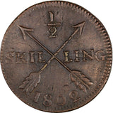 Sweden Gustaf IV 1802 1/2 Skilling Overstruck on 1 Ore 1730-1769 KM# 565(17 114)