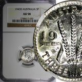 AUSTRALIA George VI Silver 1943D  3 Pence NGC AU58  KM# 37 (030)