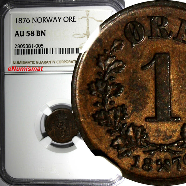 Norway Oscar II Bronze 1876 1 Ore NGC AU58 BN Lion 1ST DATE FOR TYPE KM# 352 (5)