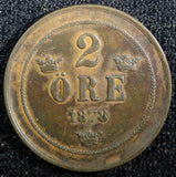 Sweden Oscar II Copper 1878 2 Ore  KM# 746   (23 138)