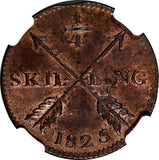 SWEDEN Carl XIV Copper 1825 1/4 SKILLING Open"4" NGC MS64 RB TOP GRADE KM595 (5)