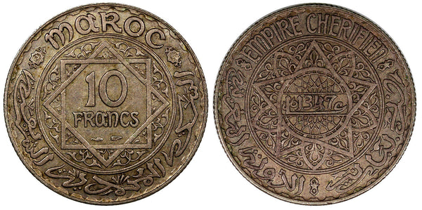 Morocco Mohammed V Silver AH1347 (1928) 10 Francs aUNC Paris Toned Y# 38 (903)
