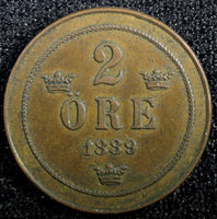 Sweden Oscar II Copper 1889 2 Ore  KM# 746   (23 131)