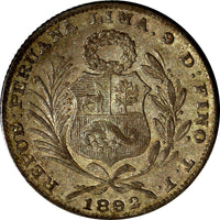 PERU Silver 1892 TF 1/5 Sol Mintage-128,000 VF Condition Toned KM#205.1 (13575)