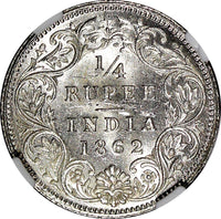 India-British Victoria Silver 1862 (C) 1/4 Rupee Calcutta NGC MS62+ KM# 470 (50)