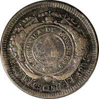 Honduras Silver 1892/1 25 Centavos OVERDATE Toned 24 mm KM# 50