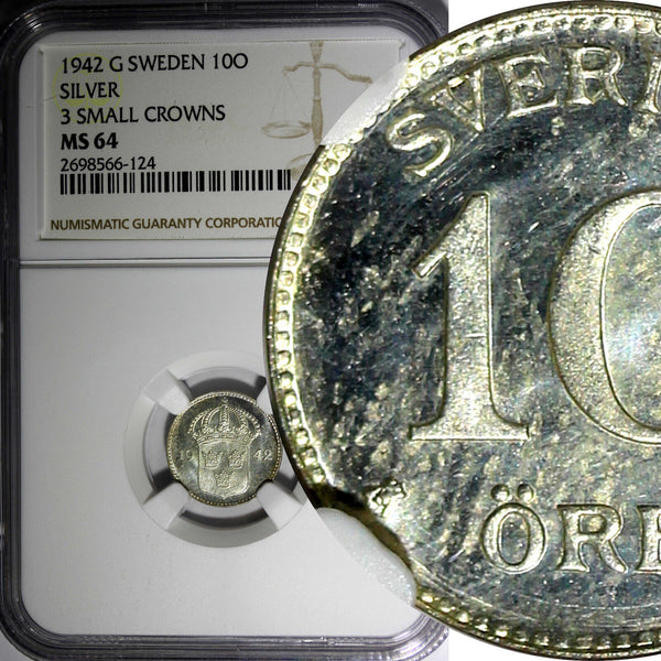 SWEDEN Gustaf V Silver 1942-G 10 Ore NGC MS64 3 Small Crowns WWII Issue KM780(4)