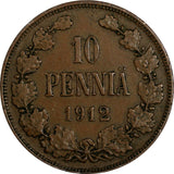 Finland Nicholas II Copper 1912 10 Penniä Mintage-191,000 KM# 14 (18 743)
