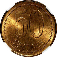 SPAIN II Republic Copper 1937 (34) 50 Centimos NGC MS64 RB KM# 754.1 (007)