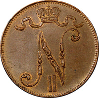 Finland Russian Nicolas II (1895-1917) Copper 1916 5 Pennia KM# 15 (20 004)