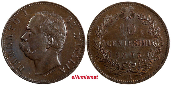 Italy Umberto I Copper 1893 R 10 Centesimi  Rome Mint SCARCE UNC KM#27.2 (7)