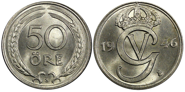 Sweden Gustaf V Nickel-Bronze 1946 TS 50 Ore  GEM BU KM# 796 (009)