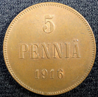 Finland Russian Nicolas II (1895-1917) Copper 1916 5 Pennia UNC KM# 15 (23 038)