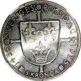 SWEDEN Silver 1935 G 5 Kronor NGC MS62 500th Anniversary of Riksdag KM# 806(044)