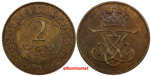 Denmark Frederik VIII Bronze 1912 VBP; GJ  2 Ore Choice XF KM# 805 (9983)