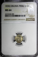 PERU Silver 1830/28 1/4 Real OVERDATE NGC MS64 ONLY 1 GRADED HIGHER KM#143.1/005