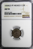 Mexico FIRST REPUBLIC Silver 1858 GO PF 1/2 Real NGC AU55 Guanajuato KM#370.7(3)