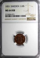 SWEDEN Oscar I Copper 1851 1/6 Skilling Banco NGC MS64 RB TOP GRADED KM# 656 (3)