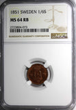 SWEDEN Oscar I Copper 1851 1/6 Skilling Banco NGC MS64 RB TOP GRADED KM# 656 (3)