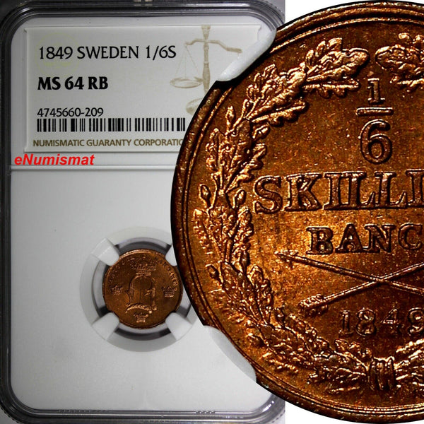 SWEDEN Oscar I Copper 1849 1/6 Skilling Mintage-536,544 NGC MS64 RB KM# 656 (09)