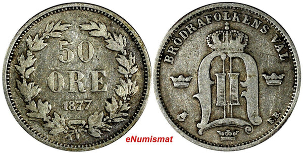 SWEDEN Oscar II Silver 1877 EB 50 Ore Mintage-149,000 RARE DATE KM# 740 (13 717)