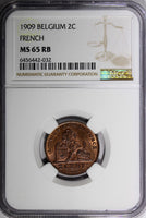 Belgium 1909 2 Centimes French Text NGC MS65 RB Last Year Type KM# 35.1 (032)