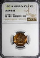 Madagascar French Colony 1943-SA 50 Centimes NGC MS64 RB Rooster Pretoria KM# 1