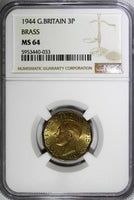 Great Britain George VI Brass 1944 3 Pence WWII Issue NGC MS64 KM# 849 (33)