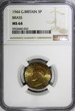 Great Britain George VI Brass 1944 3 Pence WWII Issue NGC MS64 KM# 849 (33)
