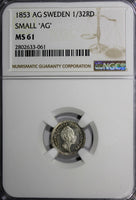 Sweden Oscar I Silver 1853 AG 1/32 Riksdaler NGC MS61 SMALL "AG" KM# 681