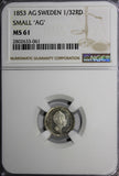 Sweden Oscar I Silver 1853 AG 1/32 Riksdaler NGC MS61 SMALL "AG" KM# 681