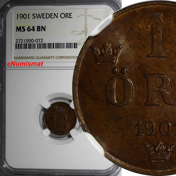 SWEDEN Oscar II Bronze 1901 1 ORE NGC MS64 BN  KM# 750 (072)