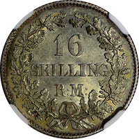 Denmark Frederik VII Silver 1858 FK-VS 16 Skilling Rigsmont NGC MS63 KM# 765(12)