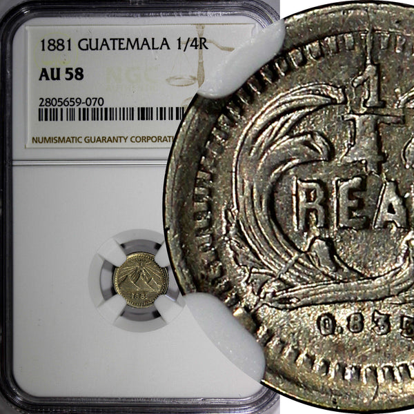 GUATEMALA Silver 1881 1/4 Real NGC AU58 BETTER DATE Light Toned KM# 151 (070)