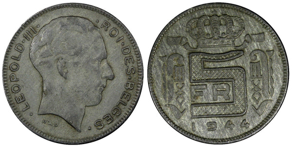 Belgium Leopold III Zinc 1944 5 Francs WWII ISSUE French SCARCE KM# 129.1 (335)