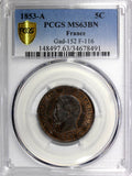 France Napoleon III Bronze 1853 A 5 Centimes PCGS MS63 BN 1GRADED HIGHER KM777.1