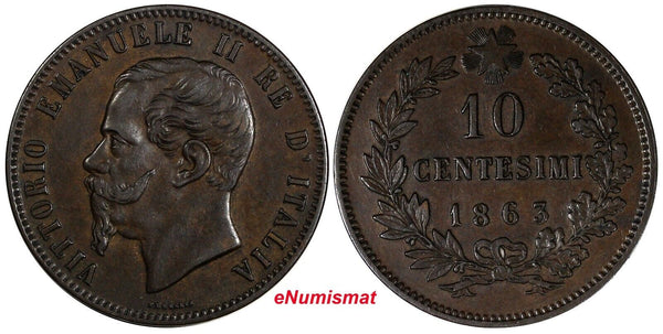 Italy Vittorio Emanuele II Copper 1863 10 Centesimi Paris Mint XF KM# 11.2 (326)