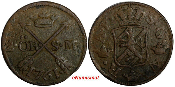 SWEDEN Adolf Frederick Copper 1761 S.M. 2 Ore Mintage-422,000 KM# 461 (15 149)