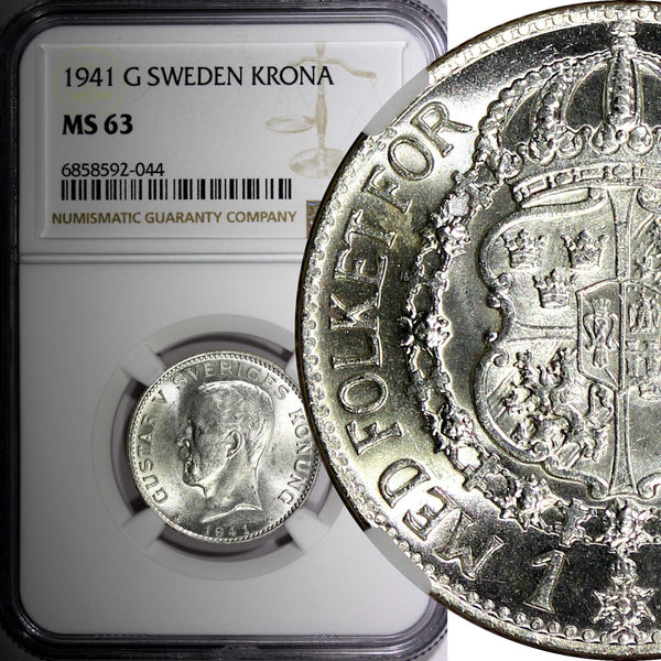 SWEDEN Gustaf V Silver 1941 G 1 Krona NGC MS63  NICE BU KM# 786.2 (44)