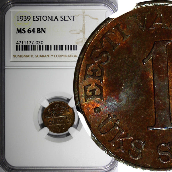 ESTONIA Bronze 1939 1 Sent NGC MS64 BN 1 YEAR TYPE Thick Planchet KM# 19.1 (20)