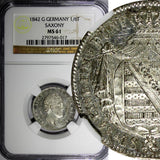 German States SAXONY-ALBERTINE Silver 1842 G 1/6 Thaler NGC MS61 KM# 1161 (17)
