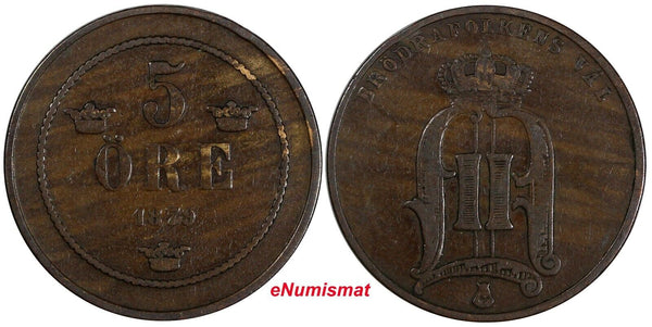 Sweden Oscar II Bronze 1879 5 Öre Small Letters RARE DATE KM# 736 (20 423)