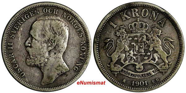 Sweden Oscar II Silver 1901EB 1 Krona Mintage-270,960 VF SCARCE KM#760 (15 643)