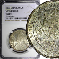 SWEDEN Silver Jubilee Oscar II 1897 EB 2 Kronor NGC MS65 NICE TONED KM# 762 (15)