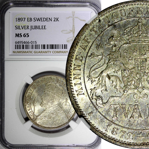 SWEDEN Silver Jubilee Oscar II 1897 EB 2 Kronor NGC MS65 NICE TONED KM# 762 (15)