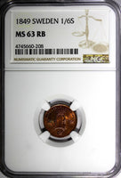 SWEDEN Oscar I Copper 1849 1/6 Skilling Mintage-536,544 NGC MS63 RB KM# 656 (8)